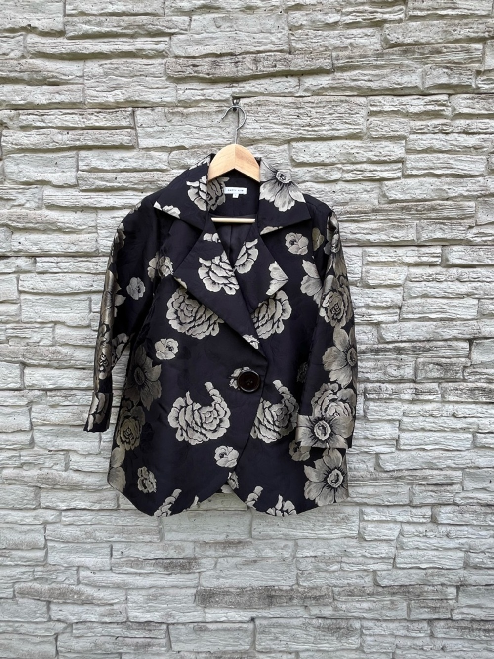 PATTY KIM Floral Jacquard Jacket Black Taupe Statements Coat Size S